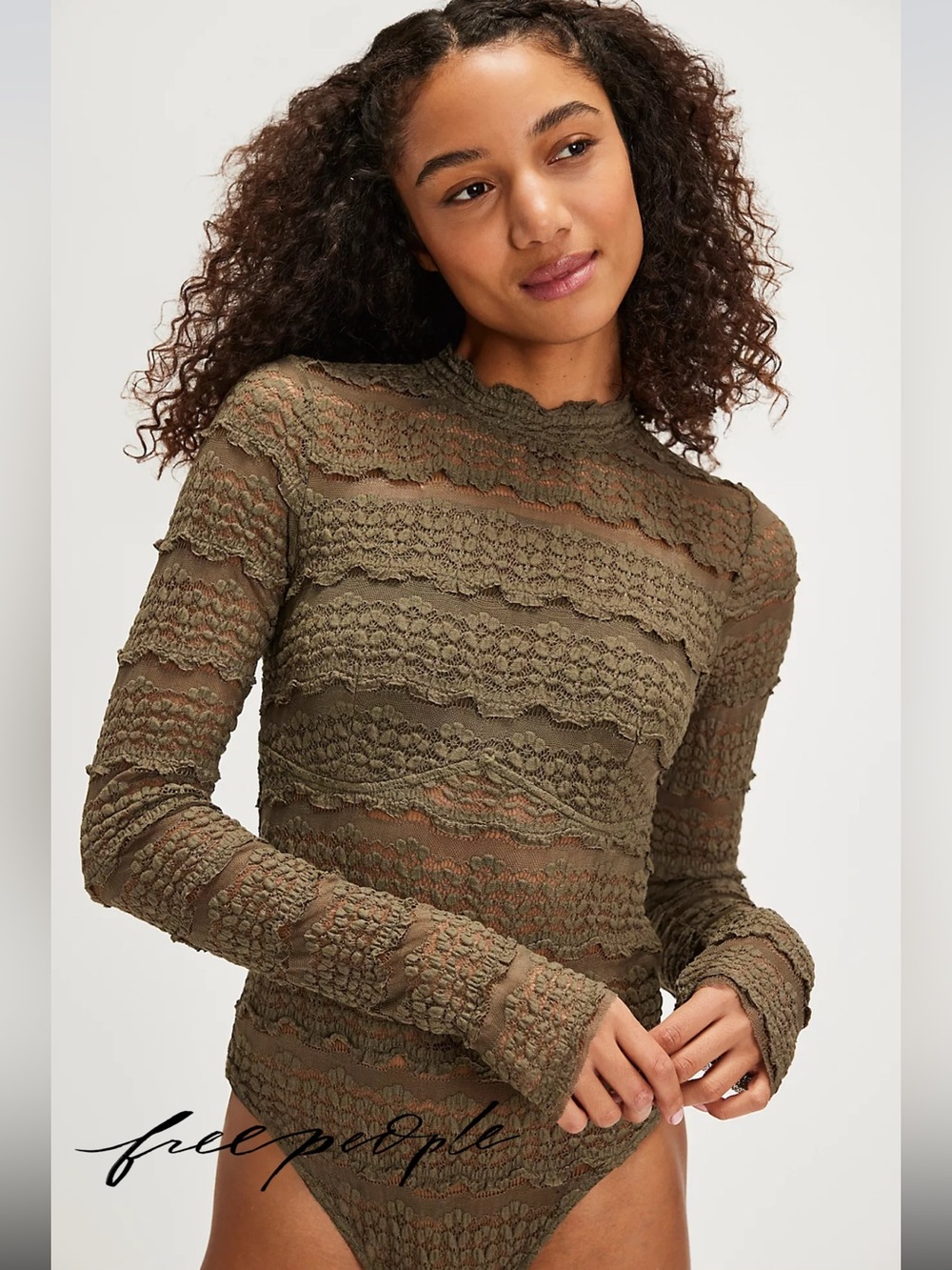 Free People Olive Green Angelina Lace Bodysuit